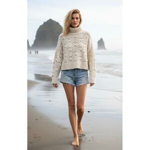 Zara Cream Chunky Aran Knit T-neck Sweater Button Cuff  Boho Hygge Beachy Preppy